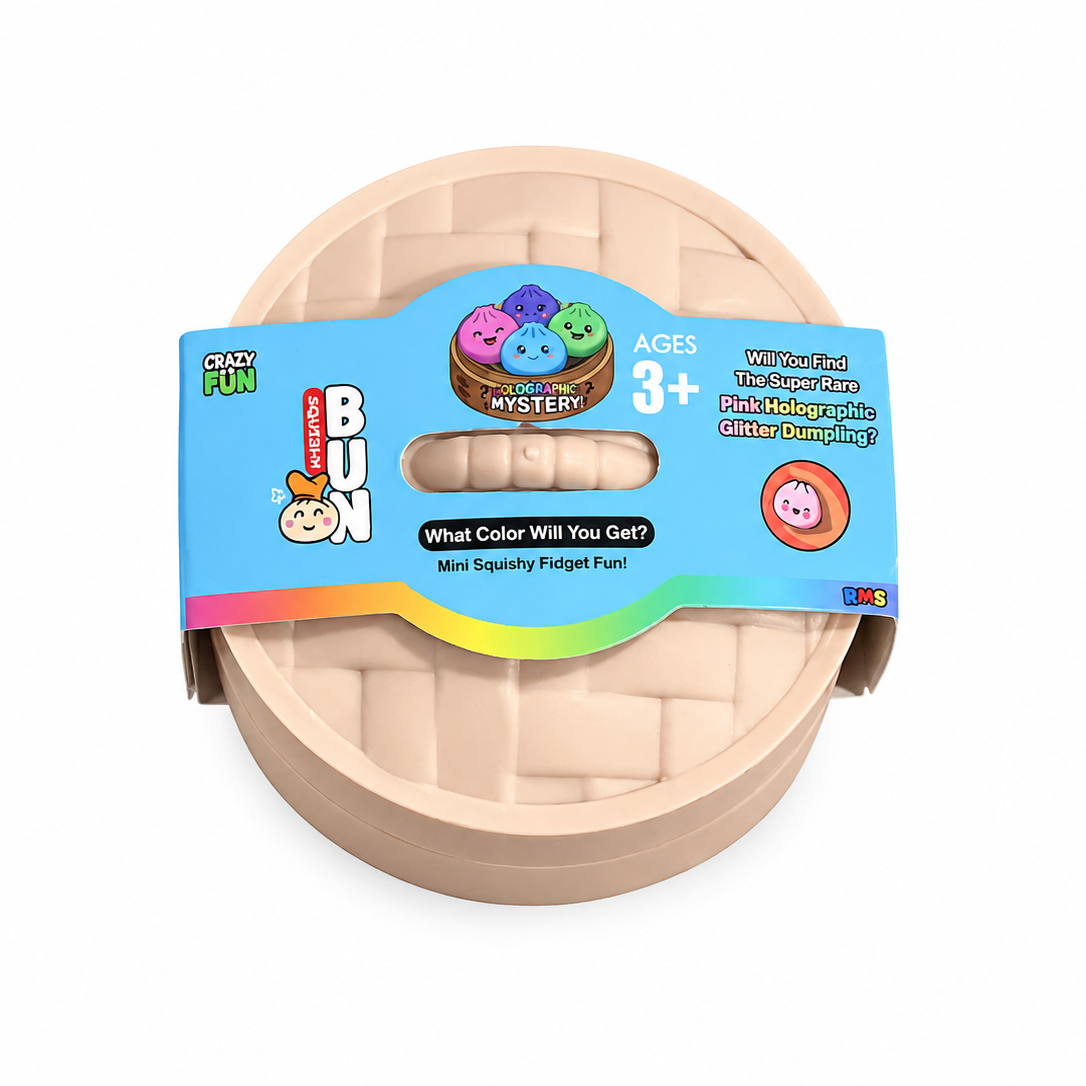 a mystery bead-filled mini dumpling squishy with assorted colors, iridescent shimmer, kawaii face, steamer-style container, and soft sensory texture on a solid white background