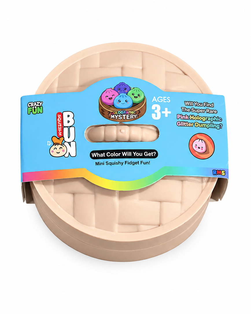 a mystery bead-filled mini dumpling squishy with assorted colors, iridescent shimmer, kawaii face, steamer-style container, and soft sensory texture on a solid white background