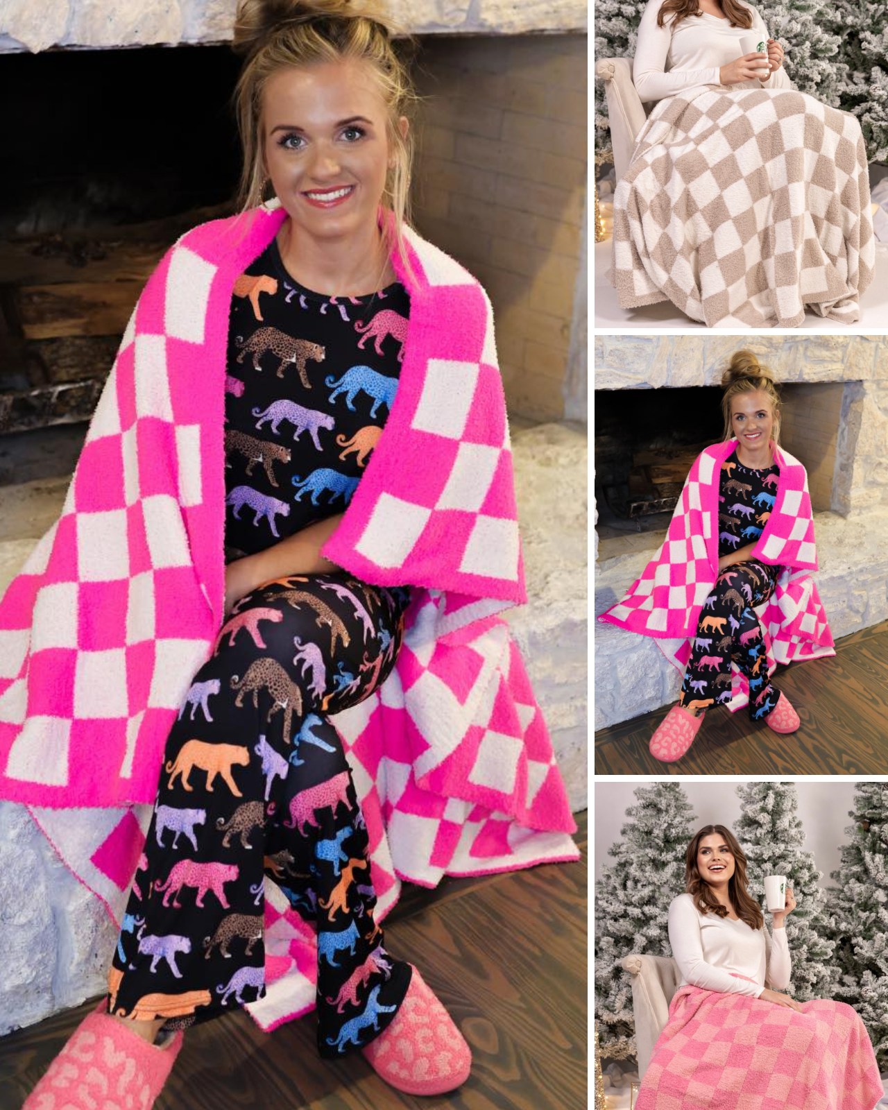 trendy checkered pattern print blanket crafted from ultra-soft material in neutral, neon pink, and pink