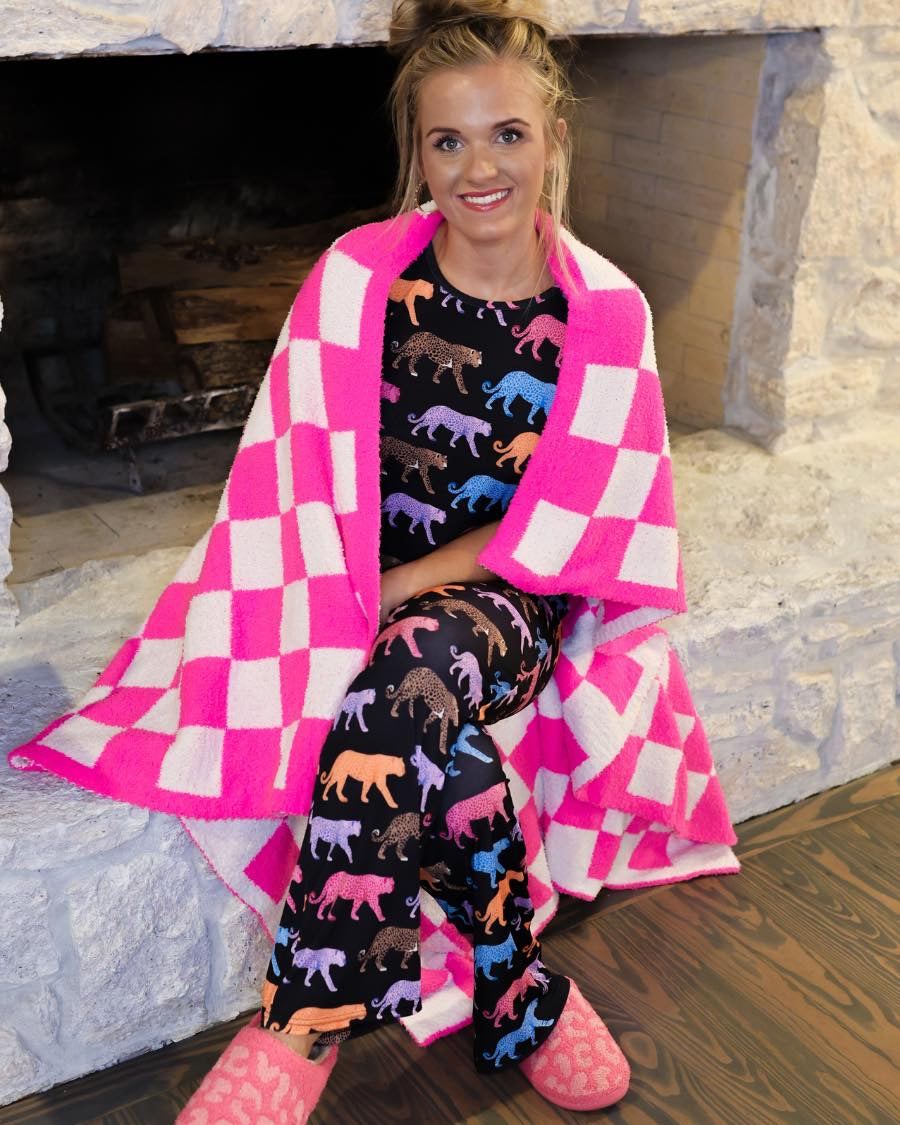 trendy checkered pattern print blanket crafted from ultra-soft material in neon pink
