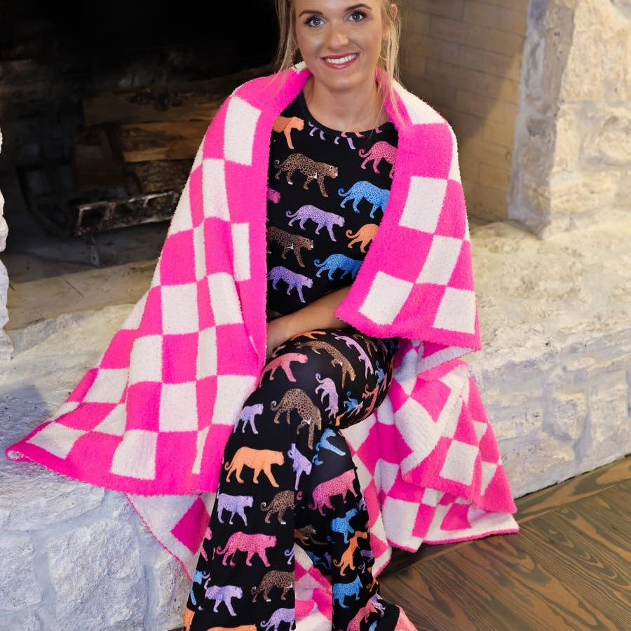 trendy checkered pattern print blanket crafted from ultra-soft material in neon pink