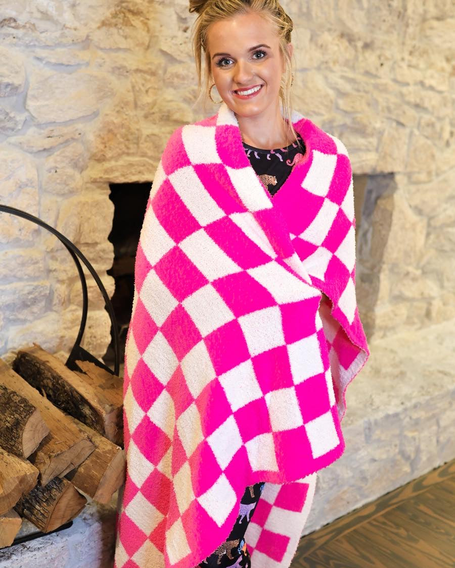 trendy checkered pattern print blanket crafted from ultra-soft material in neon pink
