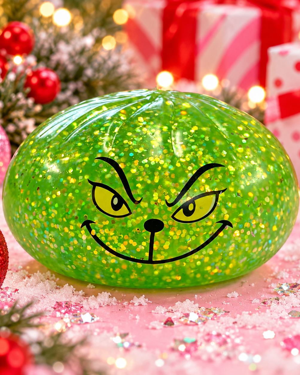 a lime green glitter-filled Grinch-inspired dumpling squishy with a soft, squeezable texture, rounded steamed-bun silhouette, mischievous facial design, and coordinating steamer-style container
