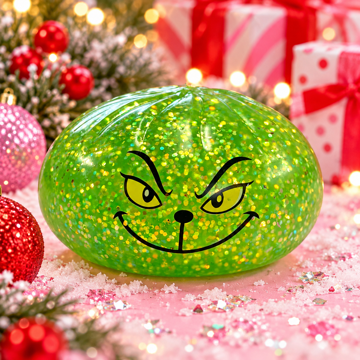 a lime green glitter-filled Grinch-inspired dumpling squishy with a soft, squeezable texture, rounded steamed-bun silhouette, mischievous facial design, and coordinating steamer-style container