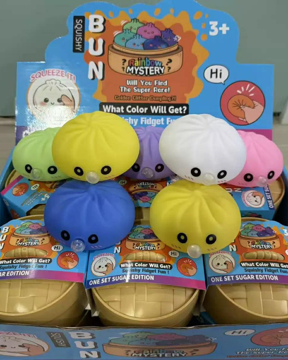 a mystery dumpling-shaped squishy fidget with assorted surprise colors, a soft sensory feel, and a bubble-blowing mouth detail