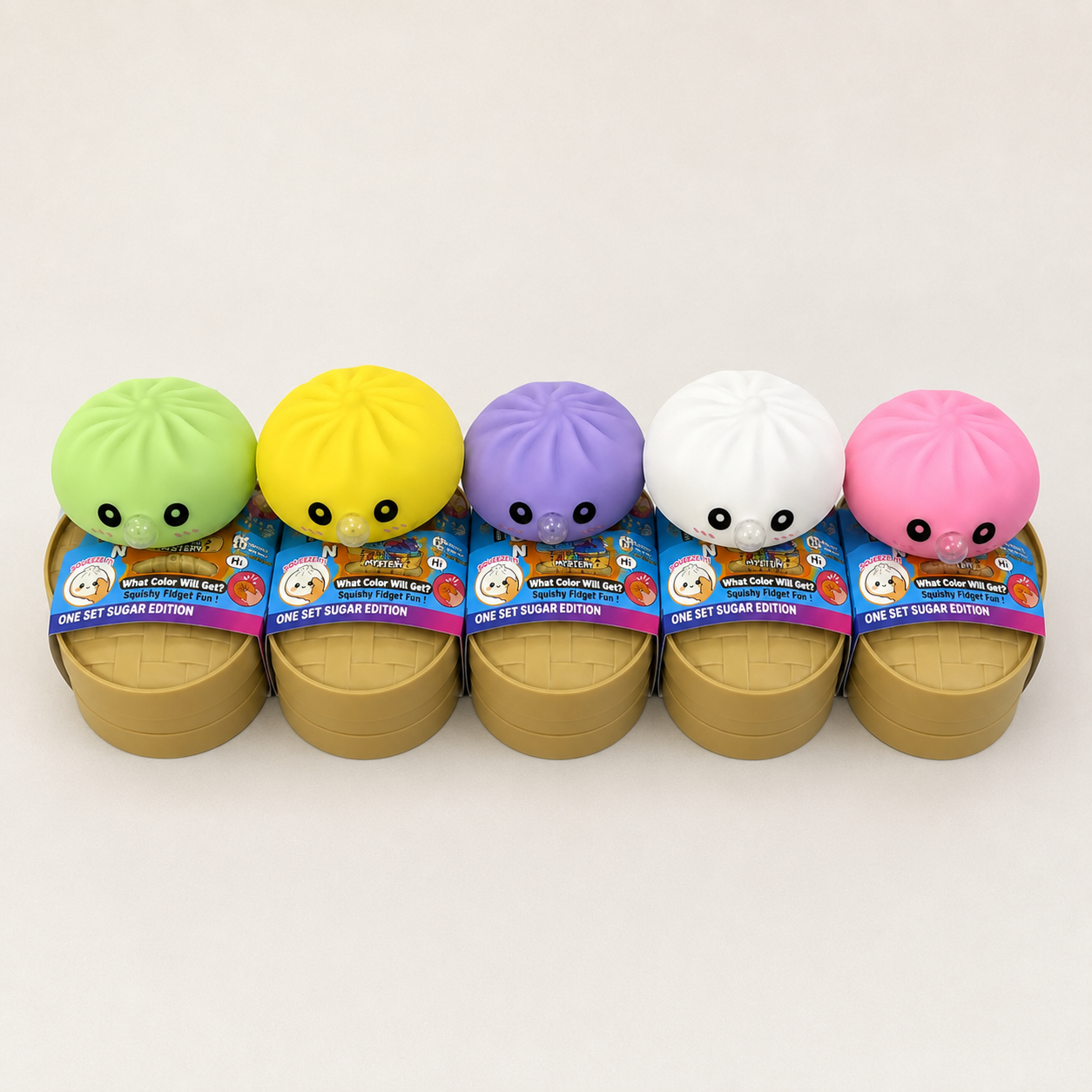 a mystery dumpling-shaped squishy fidget with assorted surprise colors, a soft sensory feel, and a bubble-blowing mouth detail