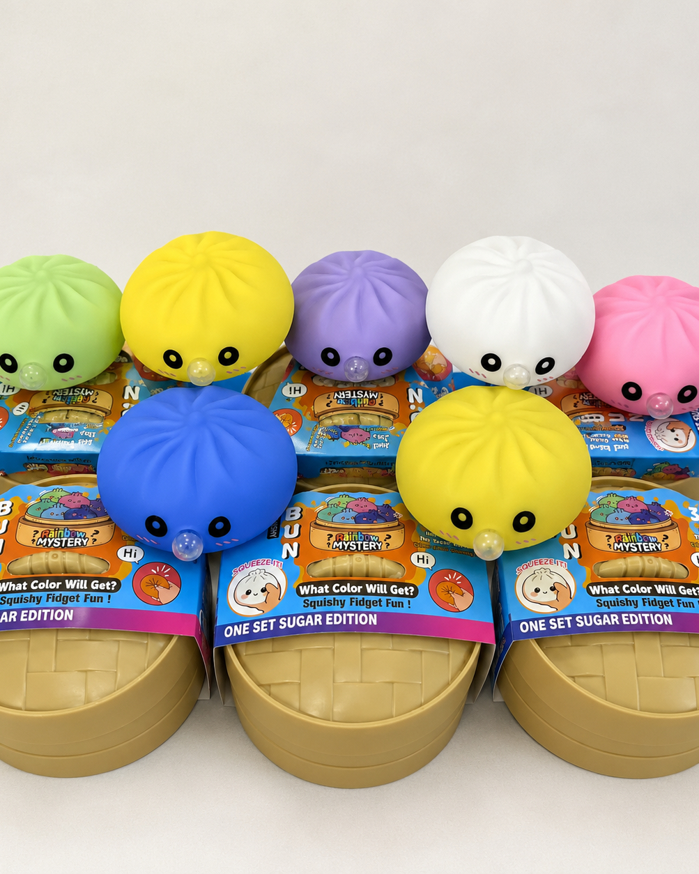 a mystery dumpling-shaped squishy fidget with assorted surprise colors, a soft sensory feel, and a bubble-blowing mouth detail