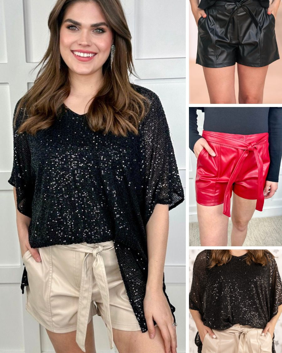 sleek faux leather shorts with zip and button closure, side pockets, a non-removable tie detail, and an elastic back waistband in black, red, and taupe