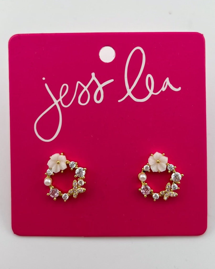 gold-plated mini hoop post-stud earrings adorned with butterfly cubic zirconia stones in soft pastel shades with a comfort earring back in gold