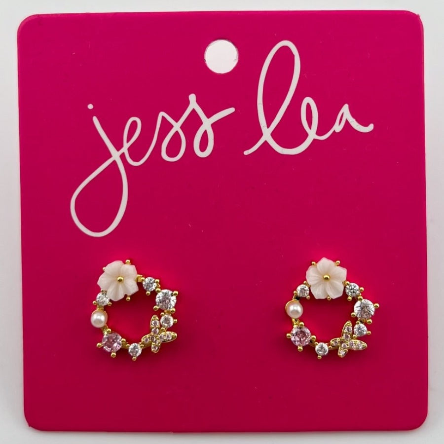 gold-plated mini hoop post-stud earrings adorned with butterfly cubic zirconia stones in soft pastel shades with a comfort earring back in gold