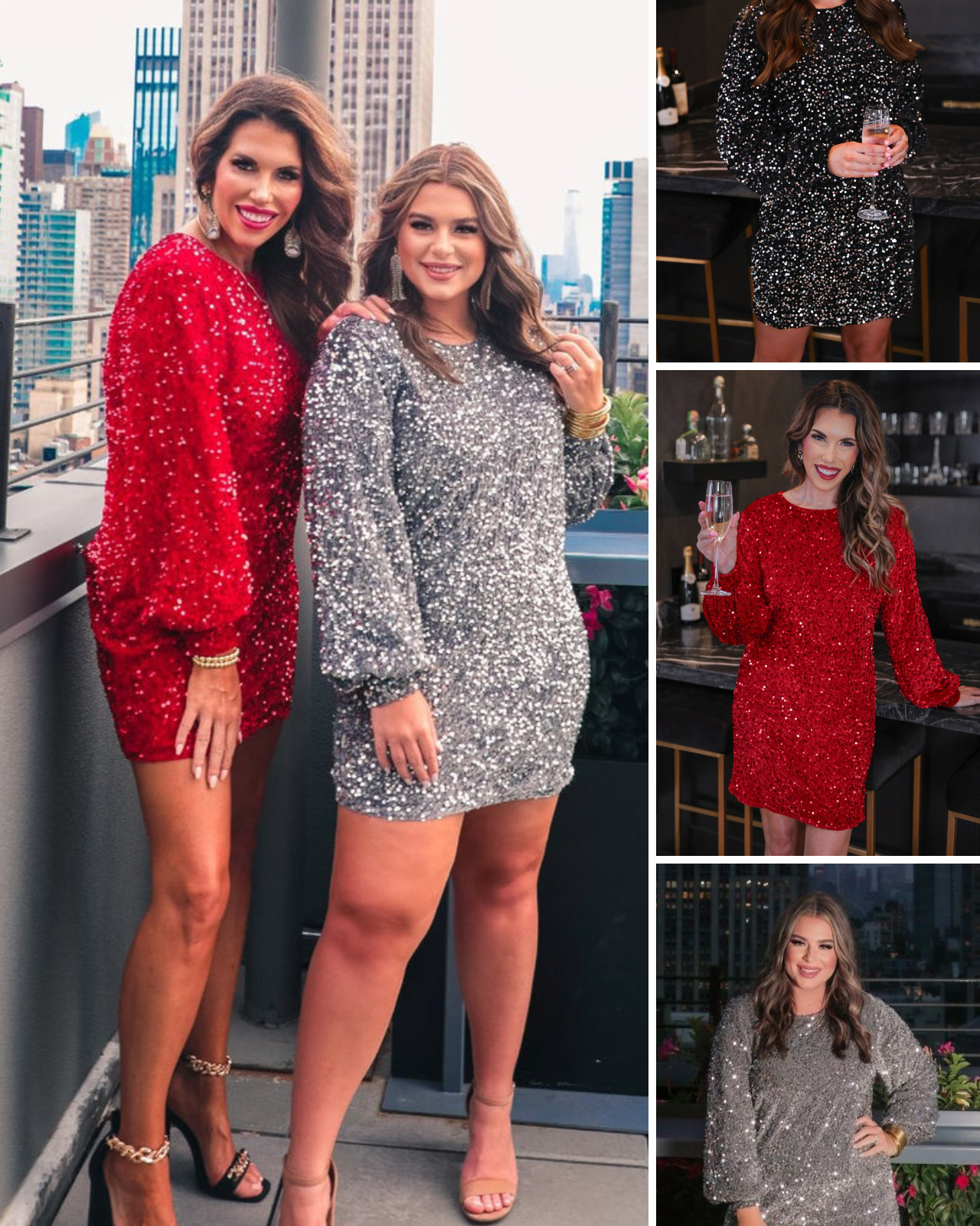 a long balloon sleeve dress made of sparkly allover sequins, luxe velvet underlay, a keyhole accented upper back with button closure, a round neckline, and subtle elastic cuffs in black, red, and silver
