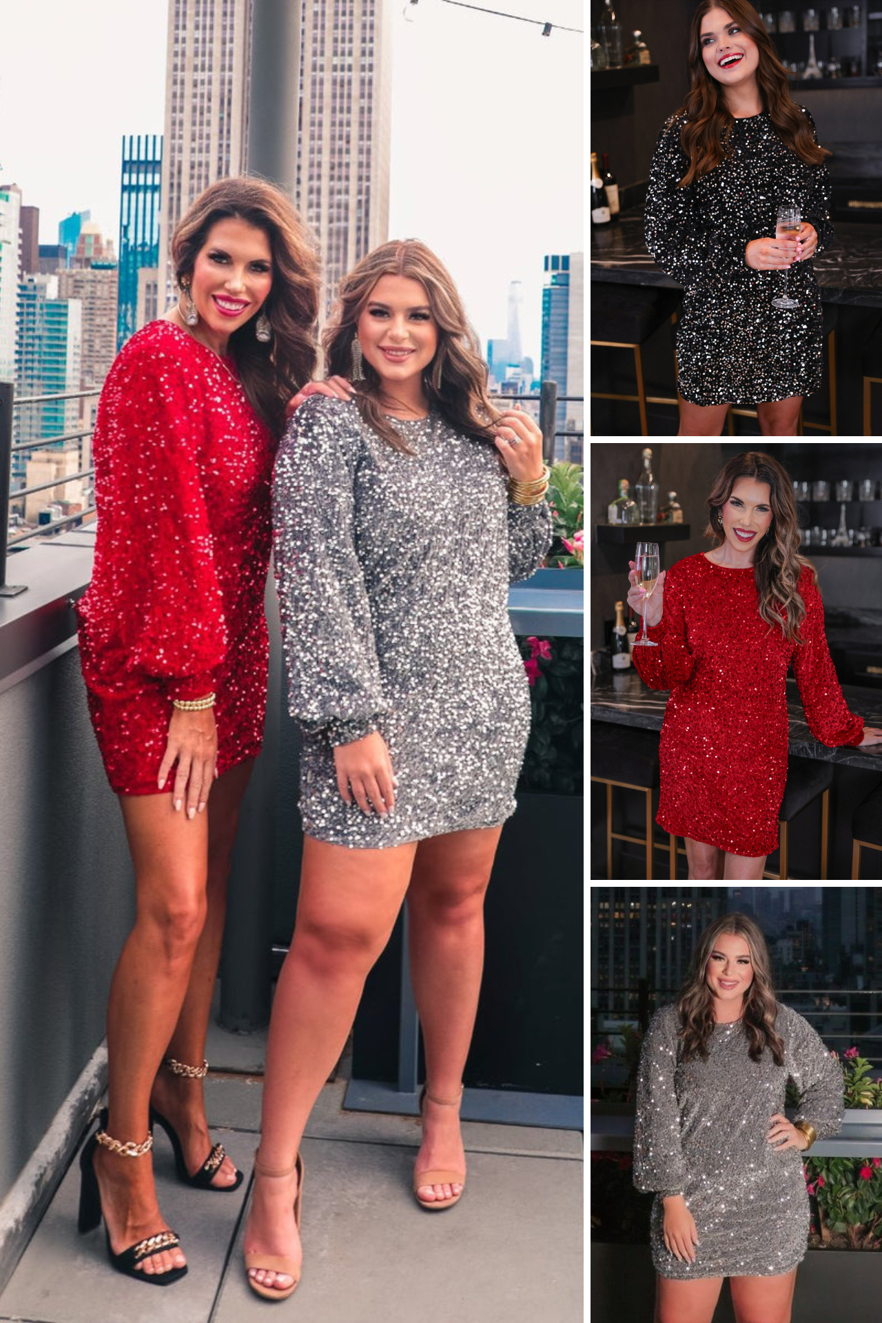 a long balloon sleeve dress made of sparkly allover sequins, luxe velvet underlay, a keyhole accented upper back with button closure, a round neckline, and subtle elastic cuffs in black, red, and silver