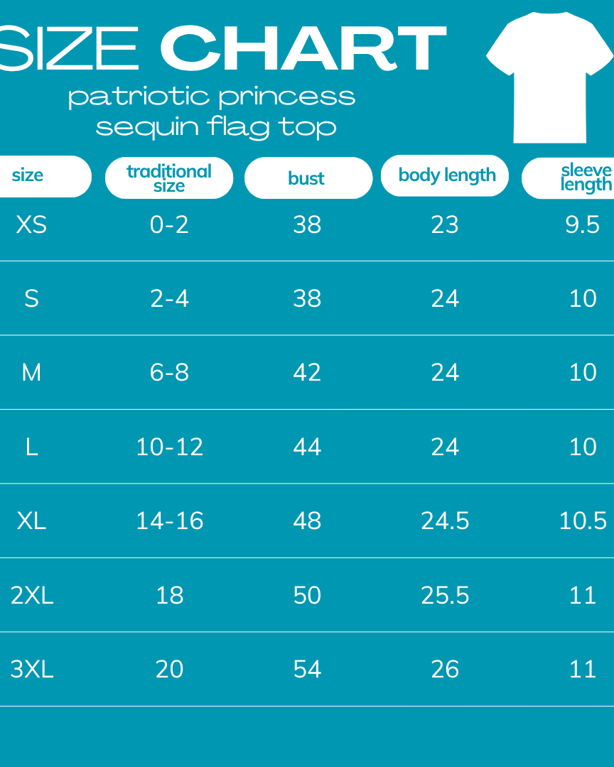 size chart for Patriotic Princess Sequin Flag Top