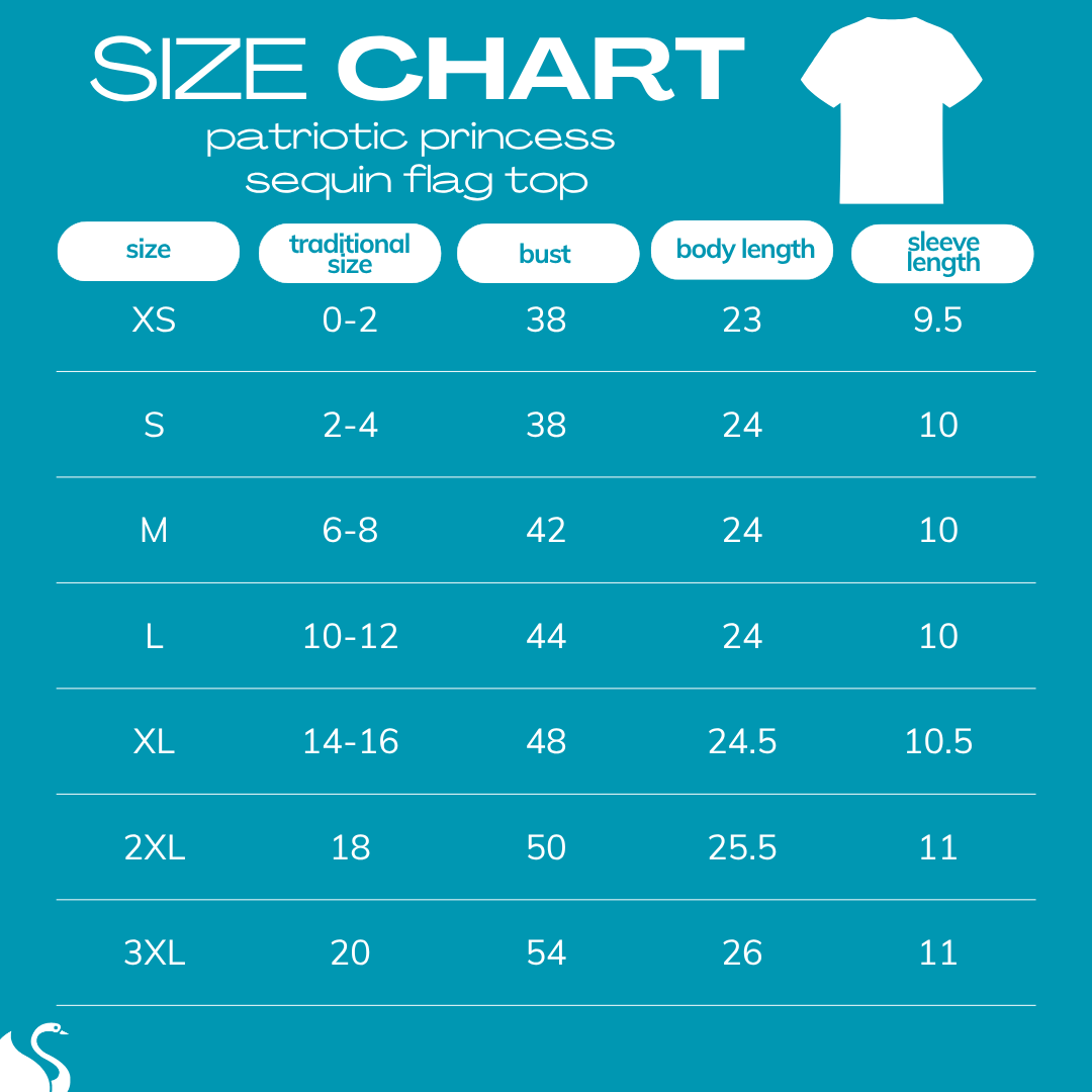 size chart for Patriotic Princess Sequin Flag Top