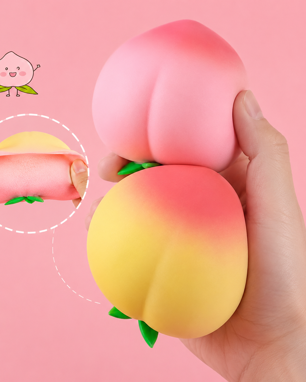 peach-shaped squishy toys with a soft touch texture, rounded fruit design, center groove, green leaf accent, and clear individual packaging in pink ombré and yellow-orange ombré