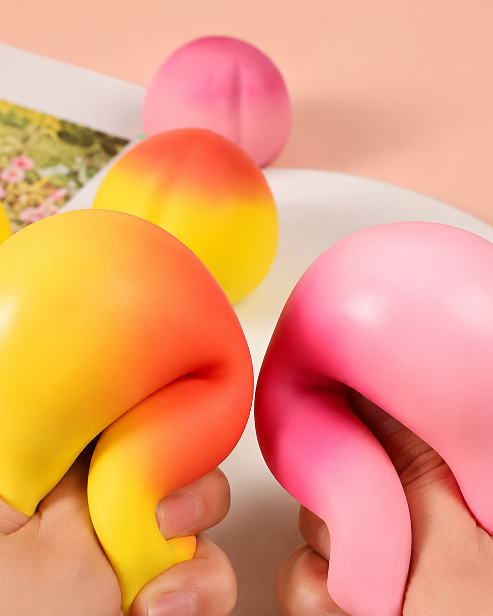 peach-shaped squishy toys with a soft touch texture, rounded fruit design, center groove, green leaf accent, and clear individual packaging in pink ombré and yellow-orange ombré
