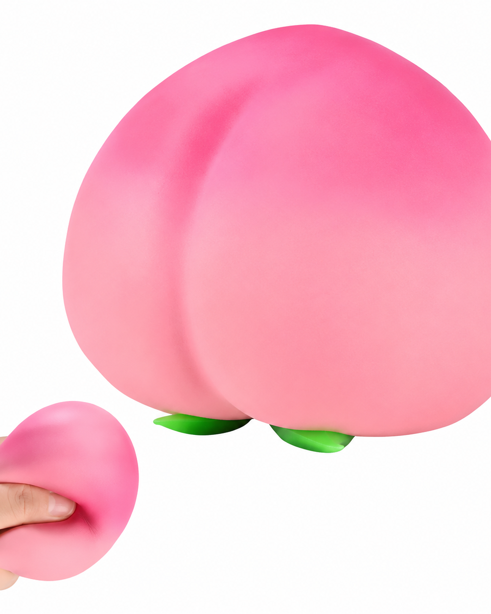 a pink ombré peach-shaped squishy toy with a soft touch texture, rounded fruit design, center groove, green leaf accent, and clear individual packaging