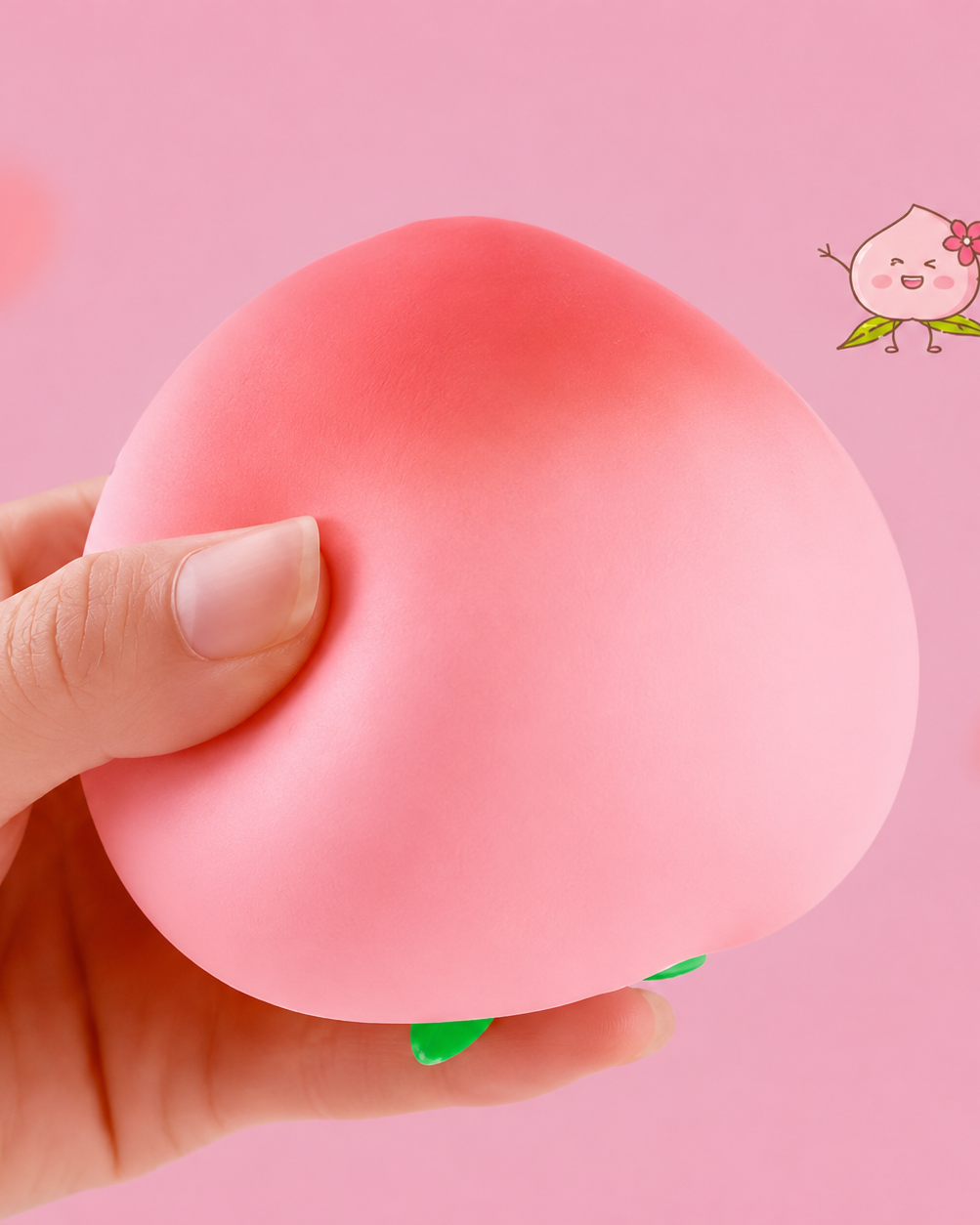 a pink ombré peach-shaped squishy toy with a soft touch texture, rounded fruit design, center groove, green leaf accent, and clear individual packaging