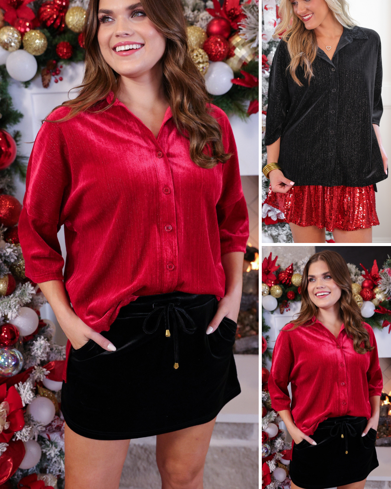 a plush velvet button-up top with subtle metallic threading, a relaxed flattering fit, three-quarter sleeves, and a soft drape for easy elegance in black and red