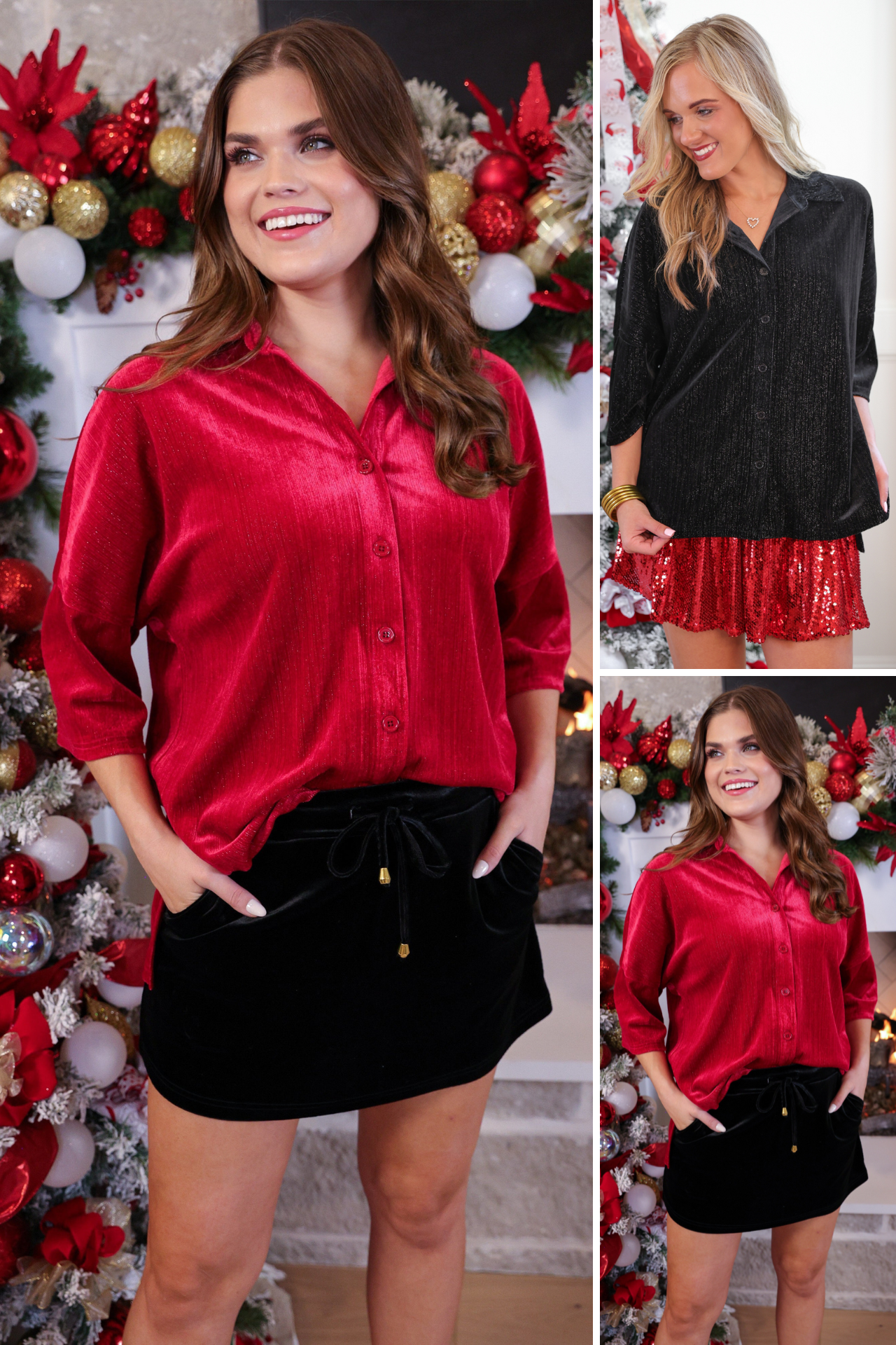 a plush velvet button-up top with subtle metallic threading, a relaxed flattering fit, three-quarter sleeves, and a soft drape for easy elegance in black and red