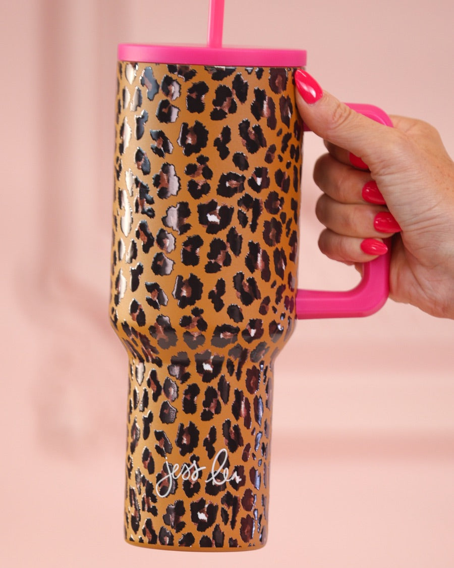 40-ounce tumbler with a hot pink and leopard print design, handle, screw-on lid, and a reusable straw