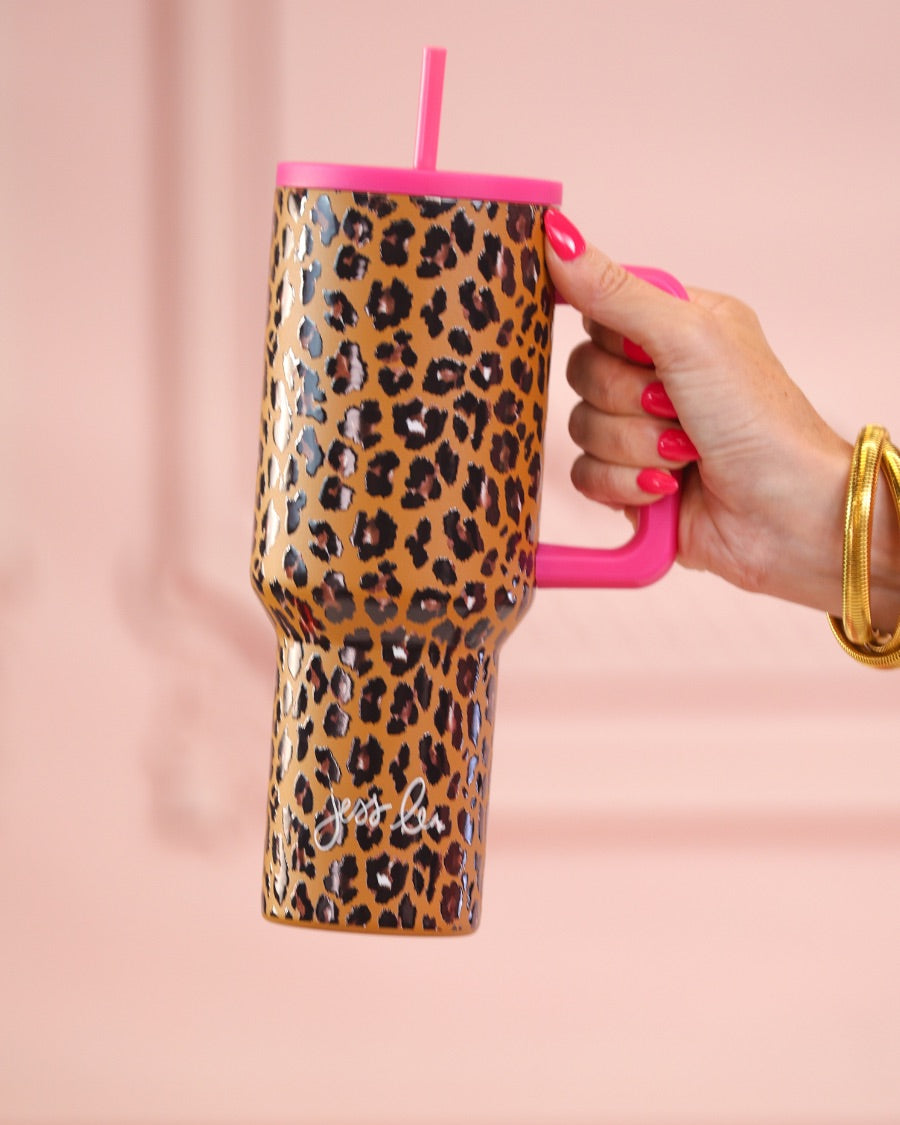40-ounce tumbler with a hot pink and leopard print design, handle, screw-on lid, and a reusable straw