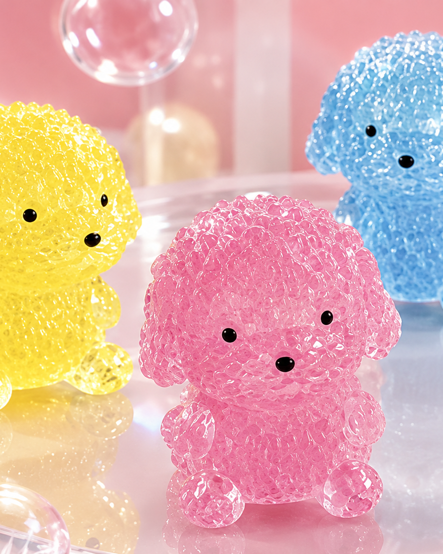 a gel-filled puppy-shaped squishy with a translucent crystal-like texture, assorted colors, tiny face details, and a soft handheld design in blue, pink, and yellow