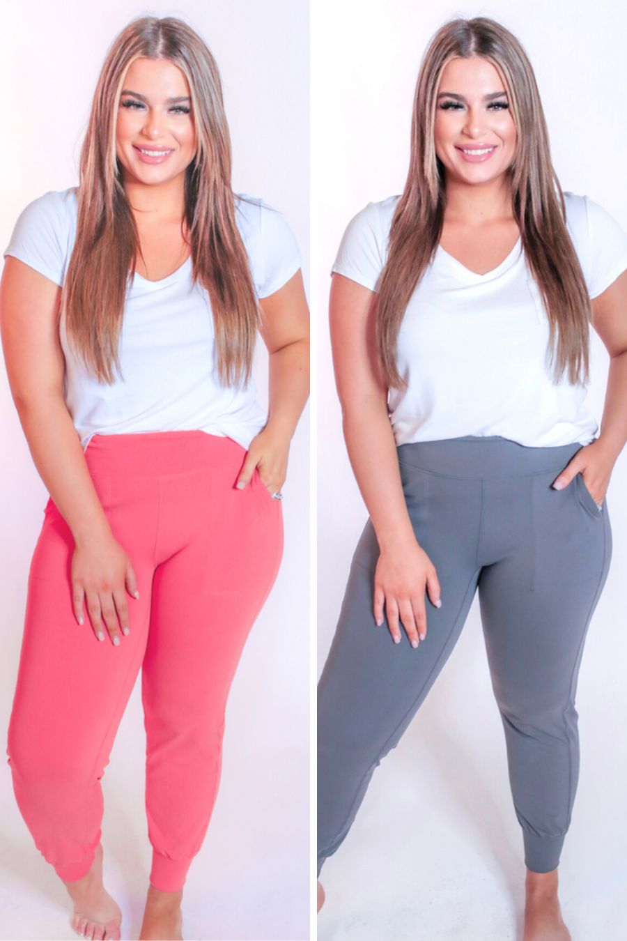 high-rise joggers crafted on smooth stretch fabric with a 3" waistband, side pockets, interior waistband back pocket, contoured back seam detail, tapered leg, and cuffed ankles in coral and gray