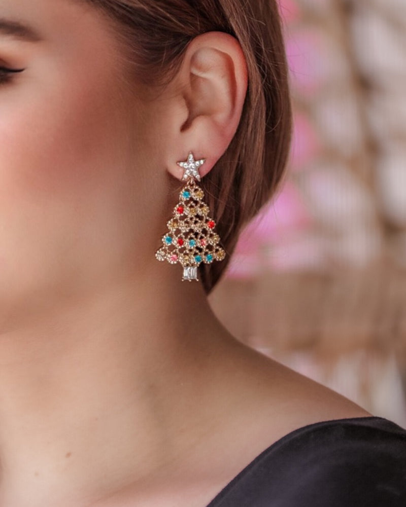 gold plated, stainless steel colorful rhinestone Christmas tree earrings