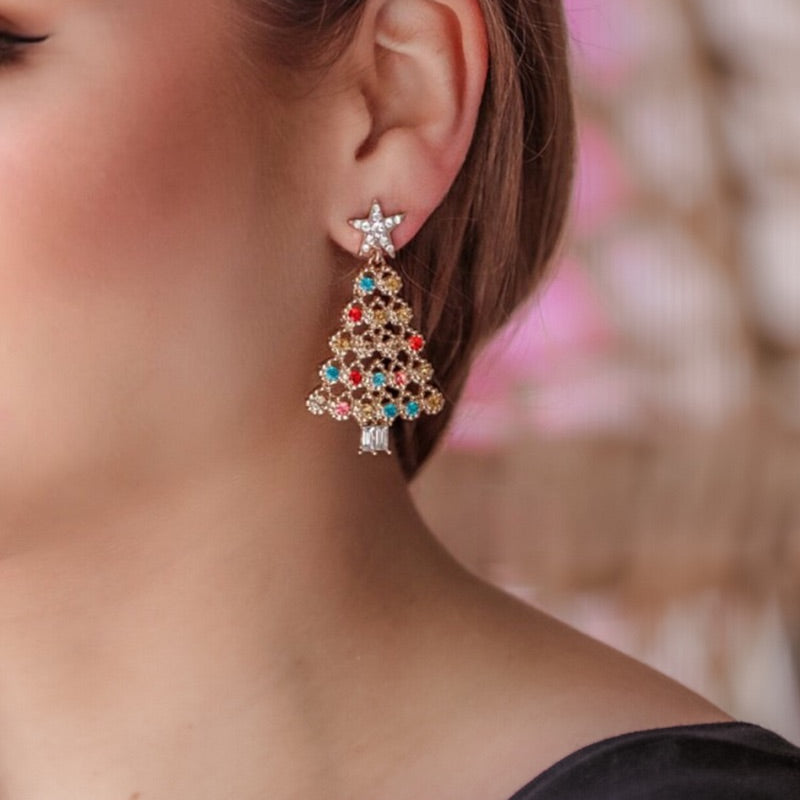 gold plated, stainless steel colorful rhinestone Christmas tree earrings