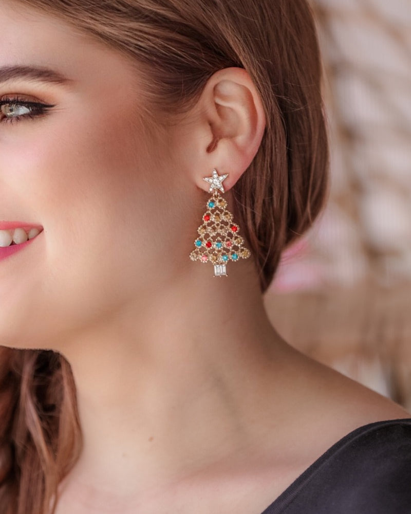 gold plated, stainless steel colorful rhinestone Christmas tree earrings