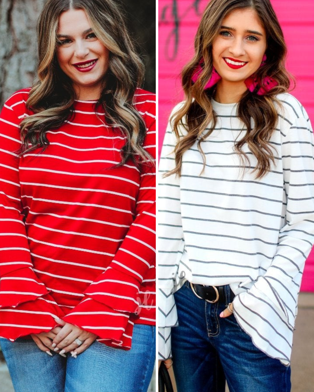 lightweight horizontal striped top with layered ruffle sleeves in red and white