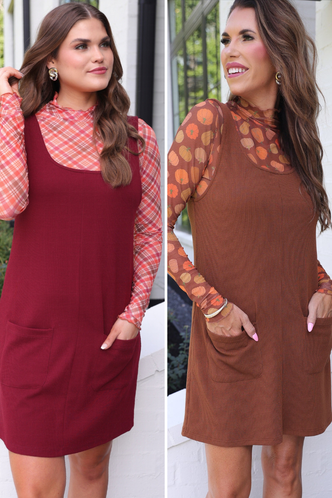 sleeveless ribbed dress with a scoop neckline, front patch pockets, and a relaxed silhouette in burgundy and chocolate