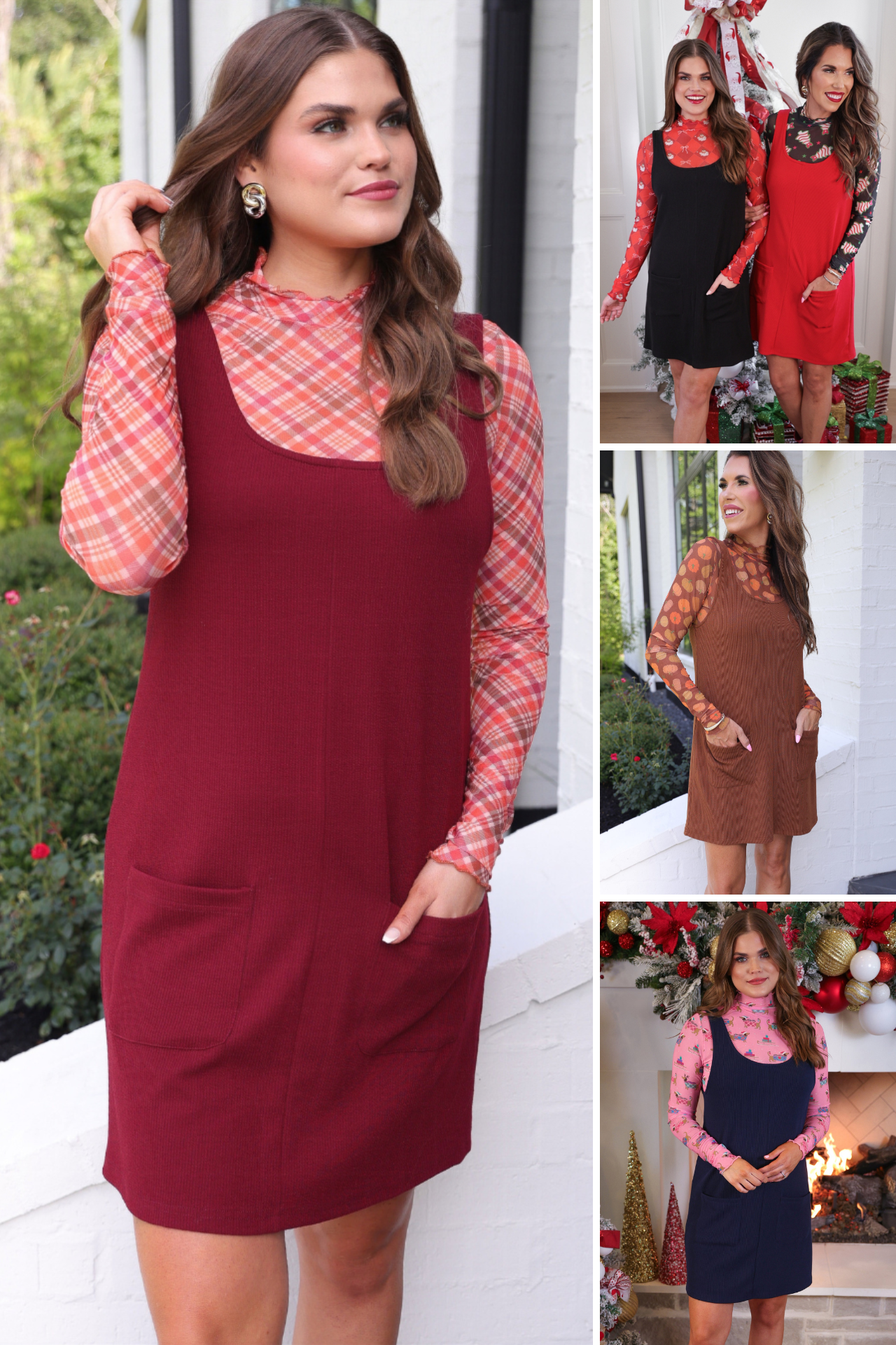 sleeveless ribbed dress with a scoop neckline, front patch pockets, and a relaxed silhouette in black, burgundy, chocolate, navy, and red