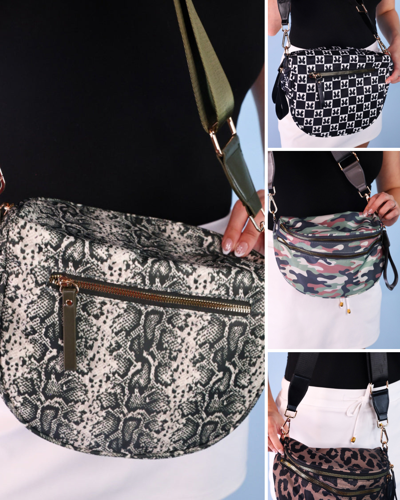 spacious bum bag with double front zippers, a back zipper, an interior zipper pocket, an adjustable strap, and gold hardware accents in bow chic checkered, cody camo, lyra leopard, and sylvie snake