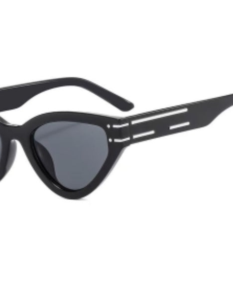 glossy black cat-eye sunglasses with dark lenses, silver and white raised accent on the temple, and brand name detail (on both the temple and the complimentary black pouch)