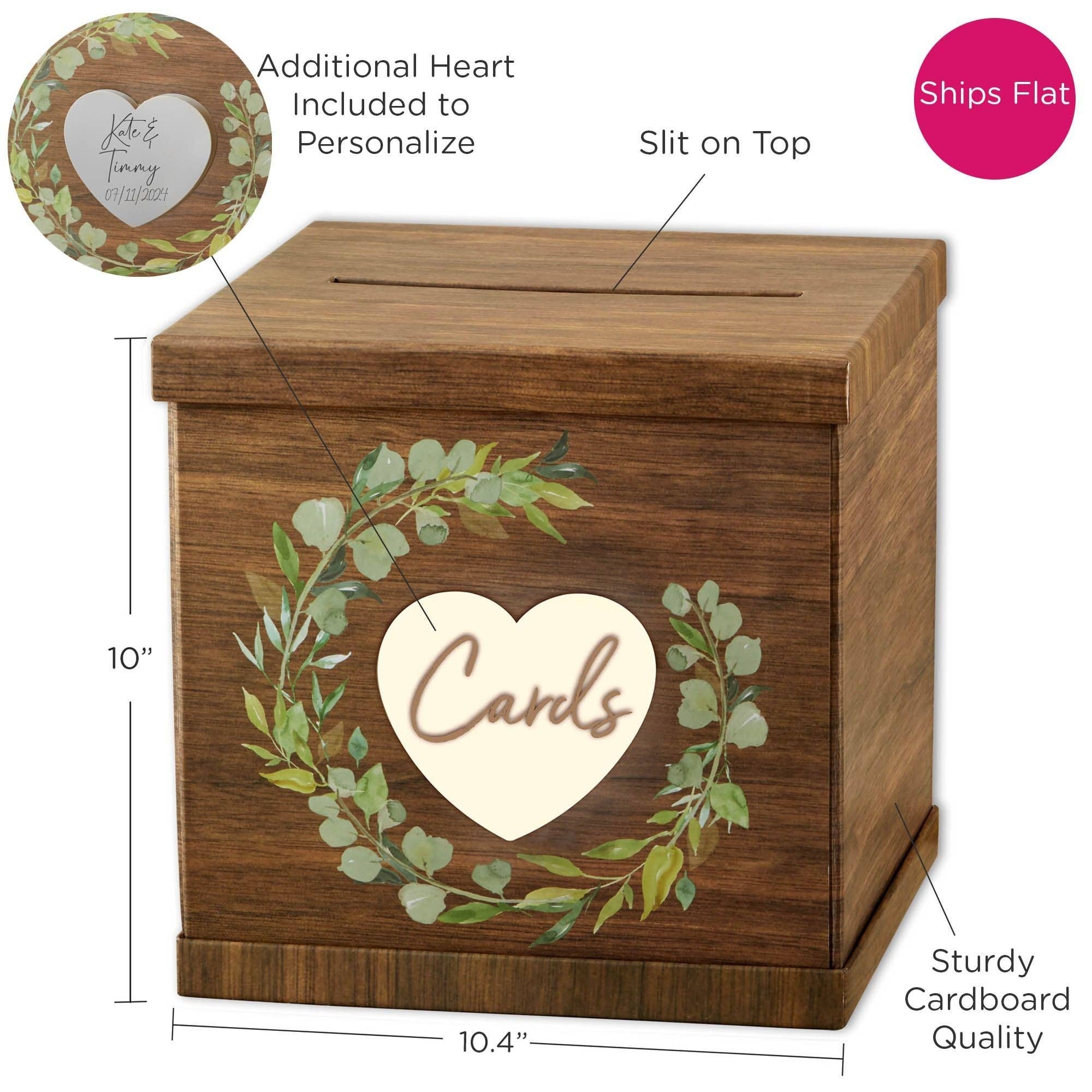 Wooden card box with heart design and leaf wreath, labeled features on a white background.