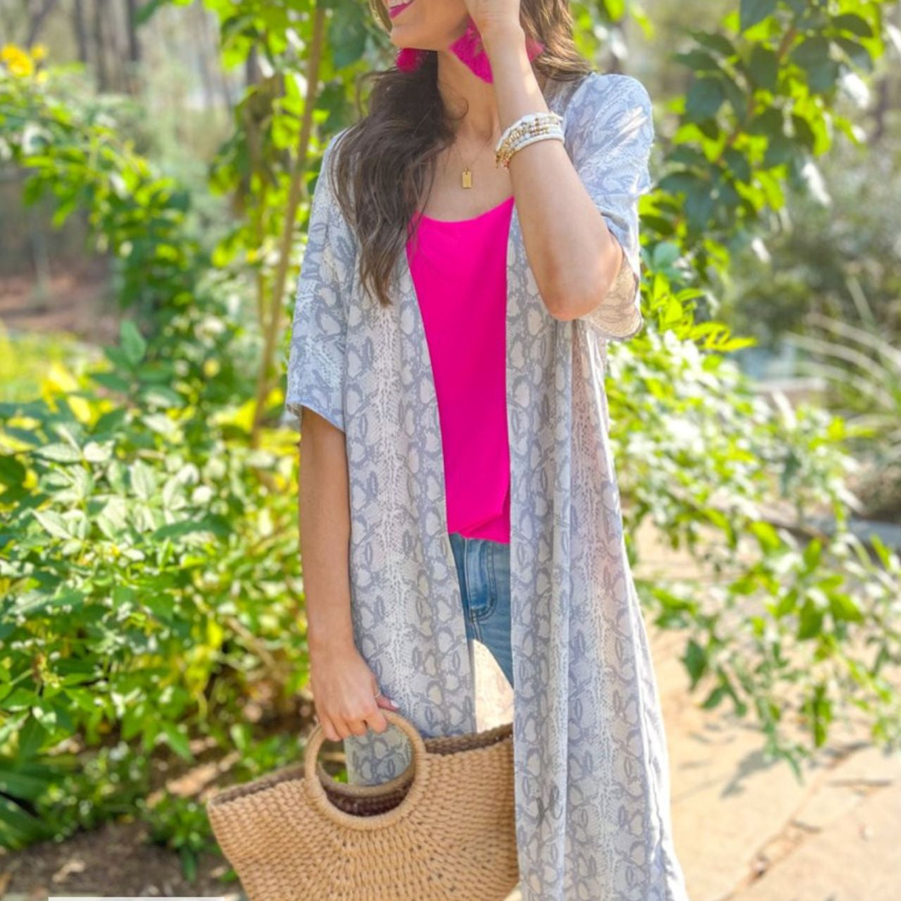 MADE IN USA open front kimono made of lightweight material with loose short sleeves on a subtle snake print pattern