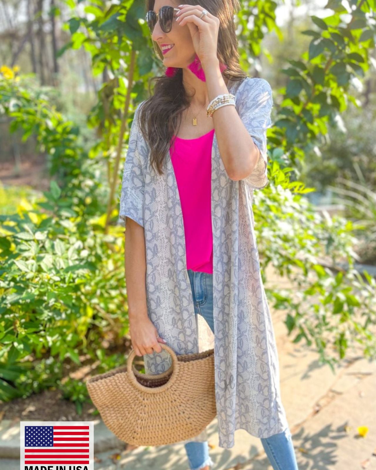 MADE IN USA open front kimono made of lightweight material with loose short sleeves on a subtle snake print pattern