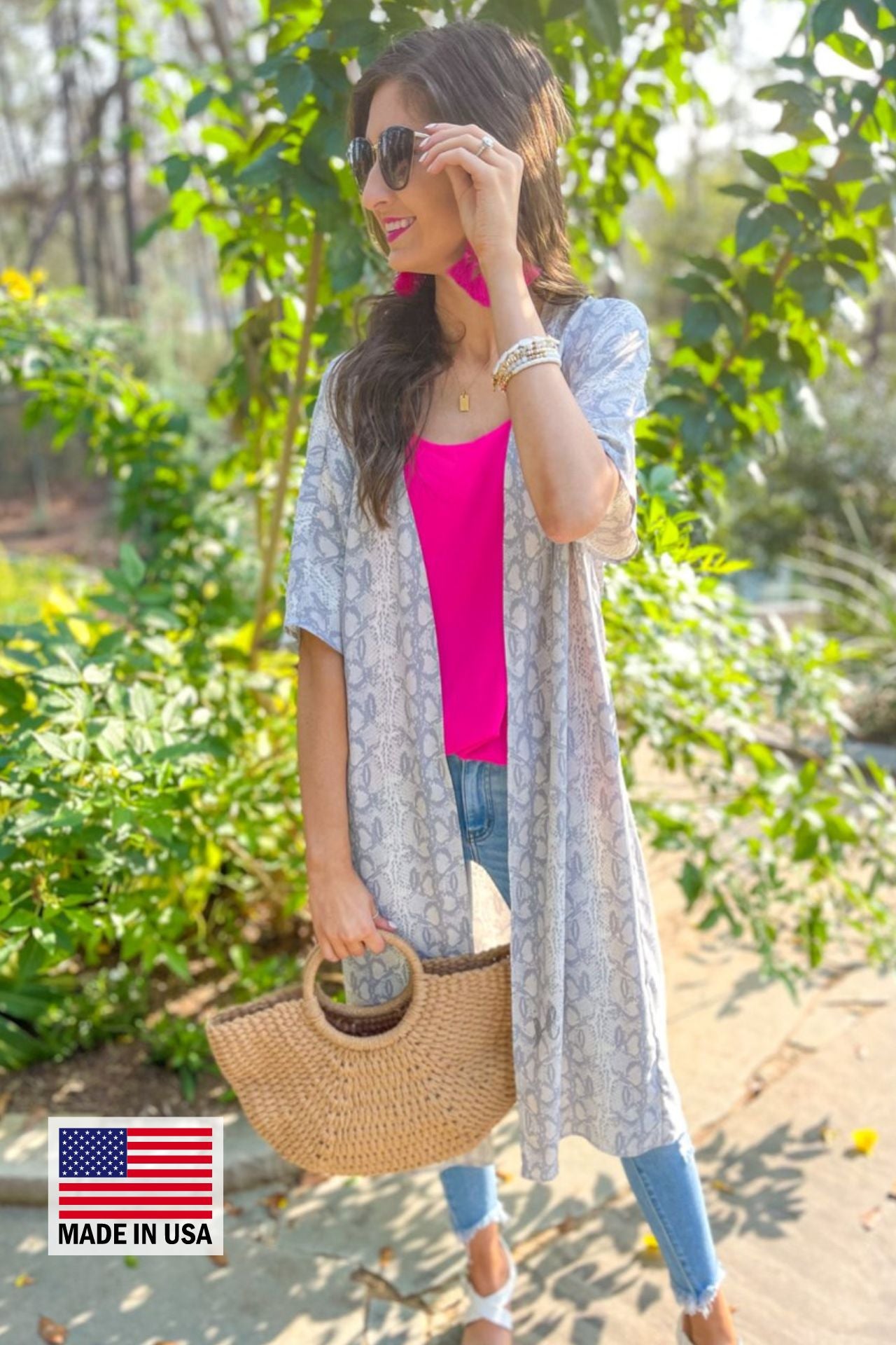 MADE IN USA open front kimono made of lightweight material with loose short sleeves on a subtle snake print pattern