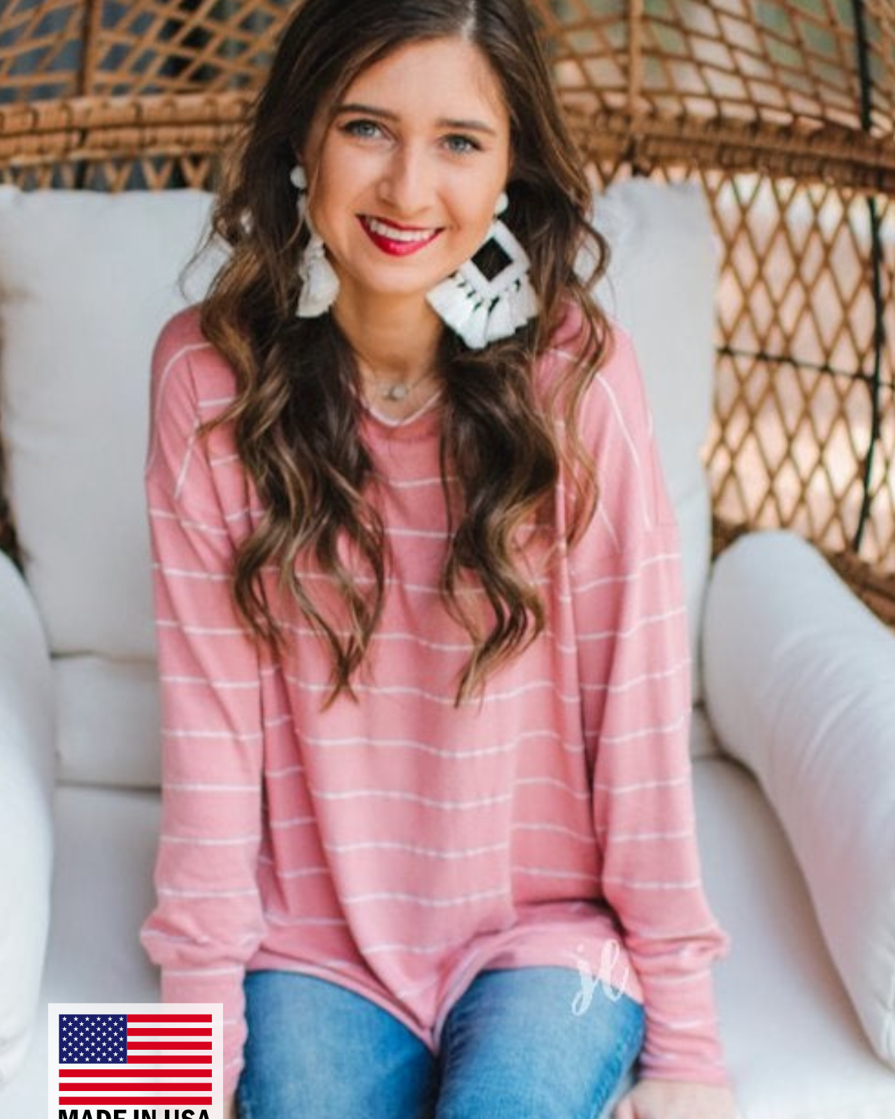 MADE IN USA lightweight horizontal striped top with long sleeves, a crew neckline, and a slouched silhouette that ends in a rounded hemline on a solid mauve base