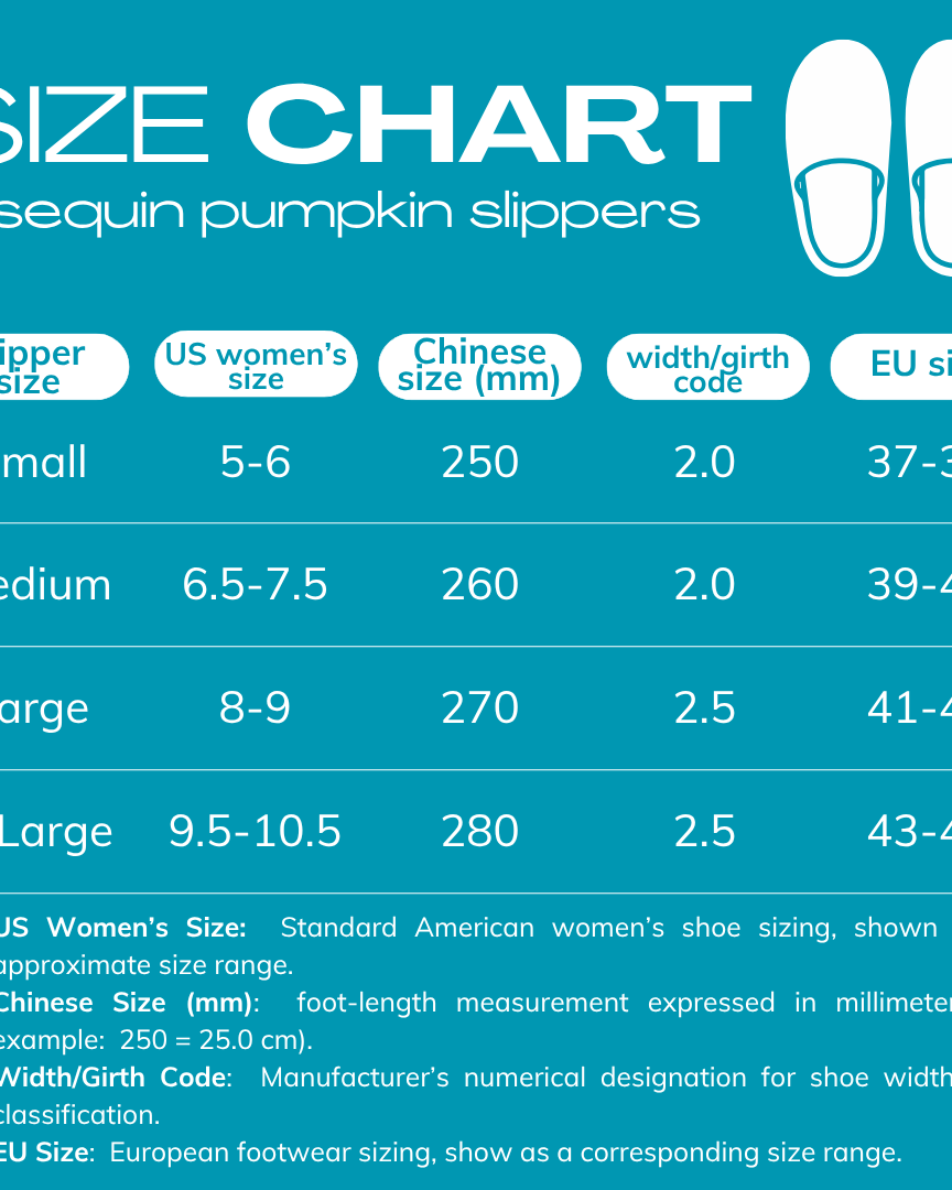 size chart for SEQUIN PUMPKIN SLIPPERS