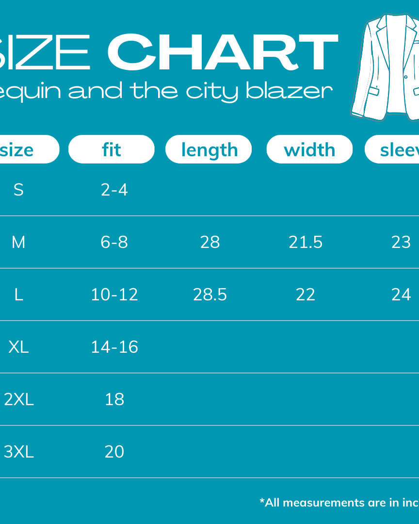 size chart for SEQUIN AND THE CITY BLAZER