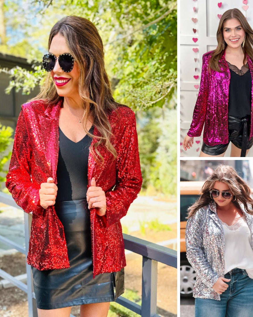 a full sequin-covered long-sleeve blazer with a structured collar, subtle shoulder pads, a smooth interior lining, and a center back vent in pink, red, and silver