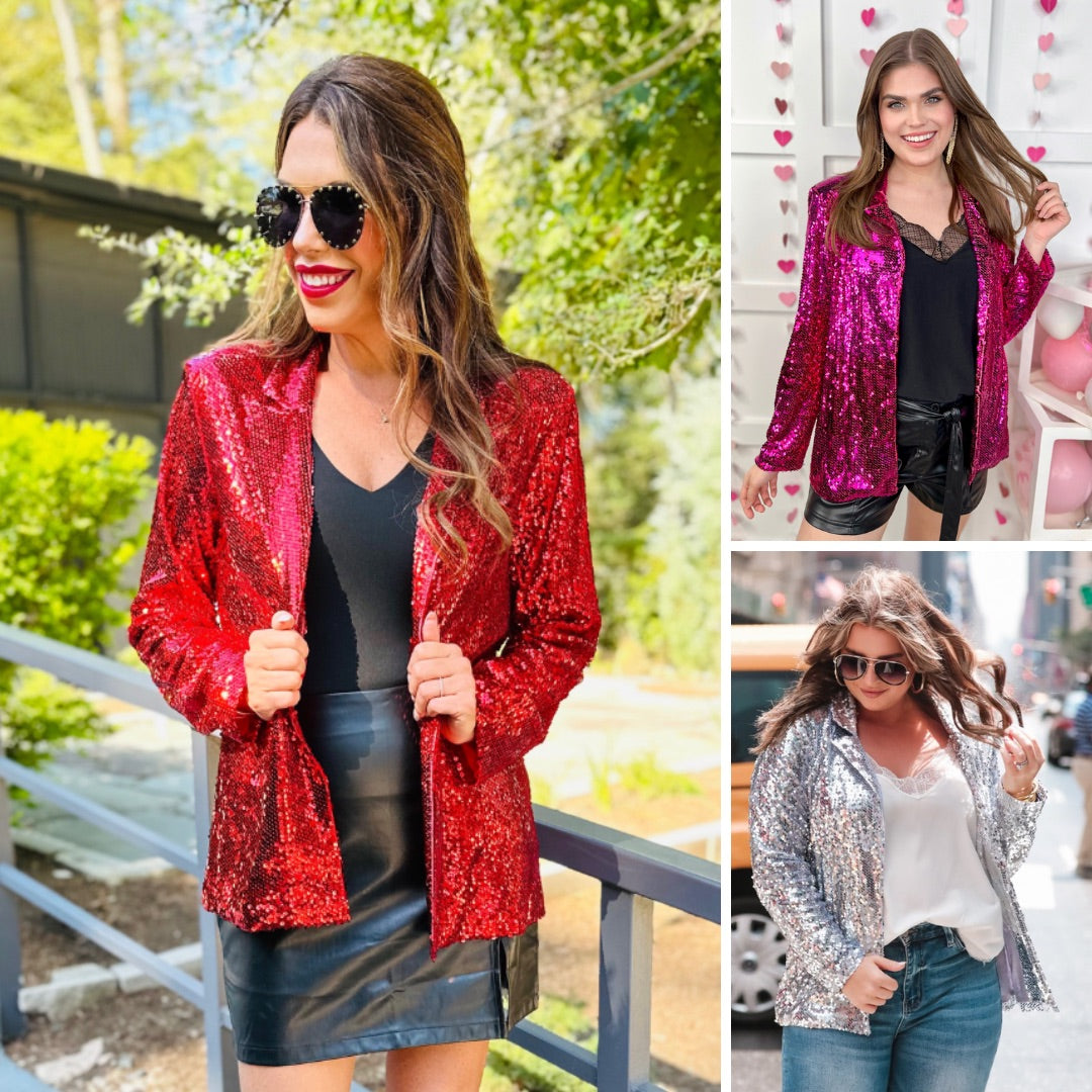 a full sequin-covered long-sleeve blazer with a structured collar, subtle shoulder pads, a smooth interior lining, and a center back vent in pink, red, and silver