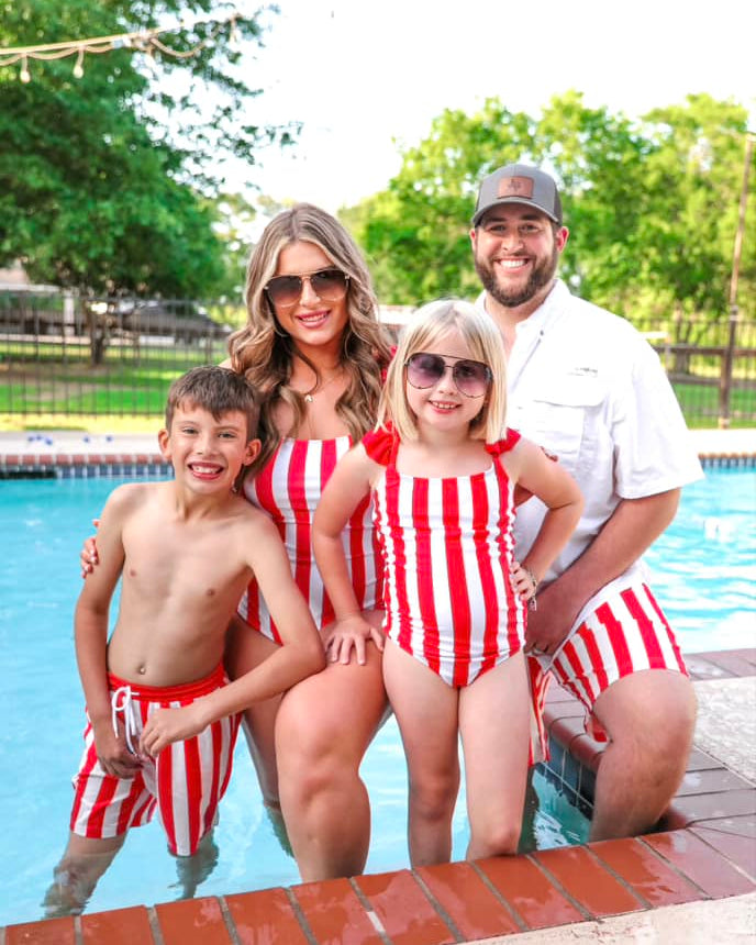 red and white striped swimsuit trunks for boys and men and one-piece for girls and women