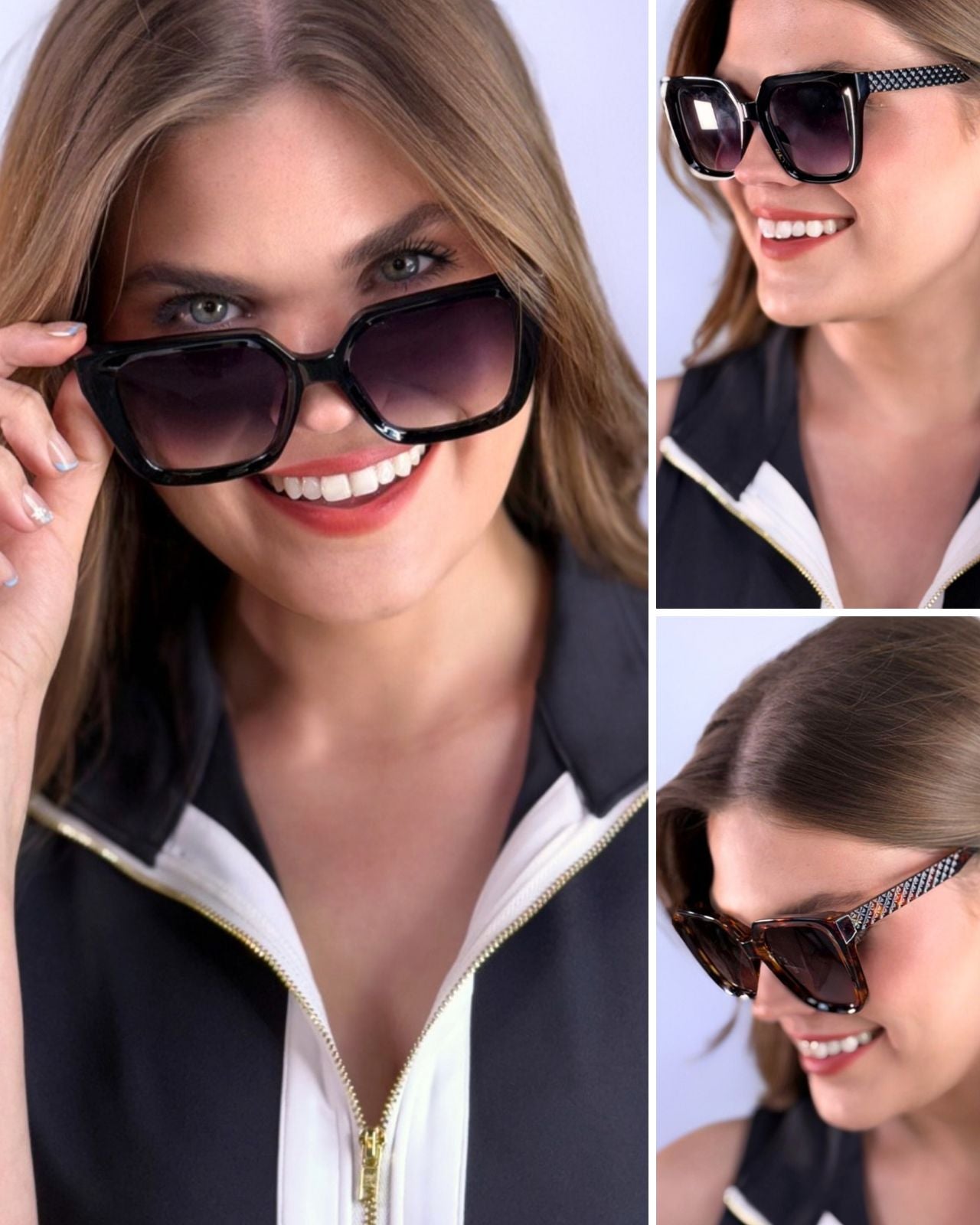 oversized square sunglasses in black or tortoise with dark lenses, a raised geometric texture on the temples, and brand name detail (on both the temple and the complimentary black pouch)