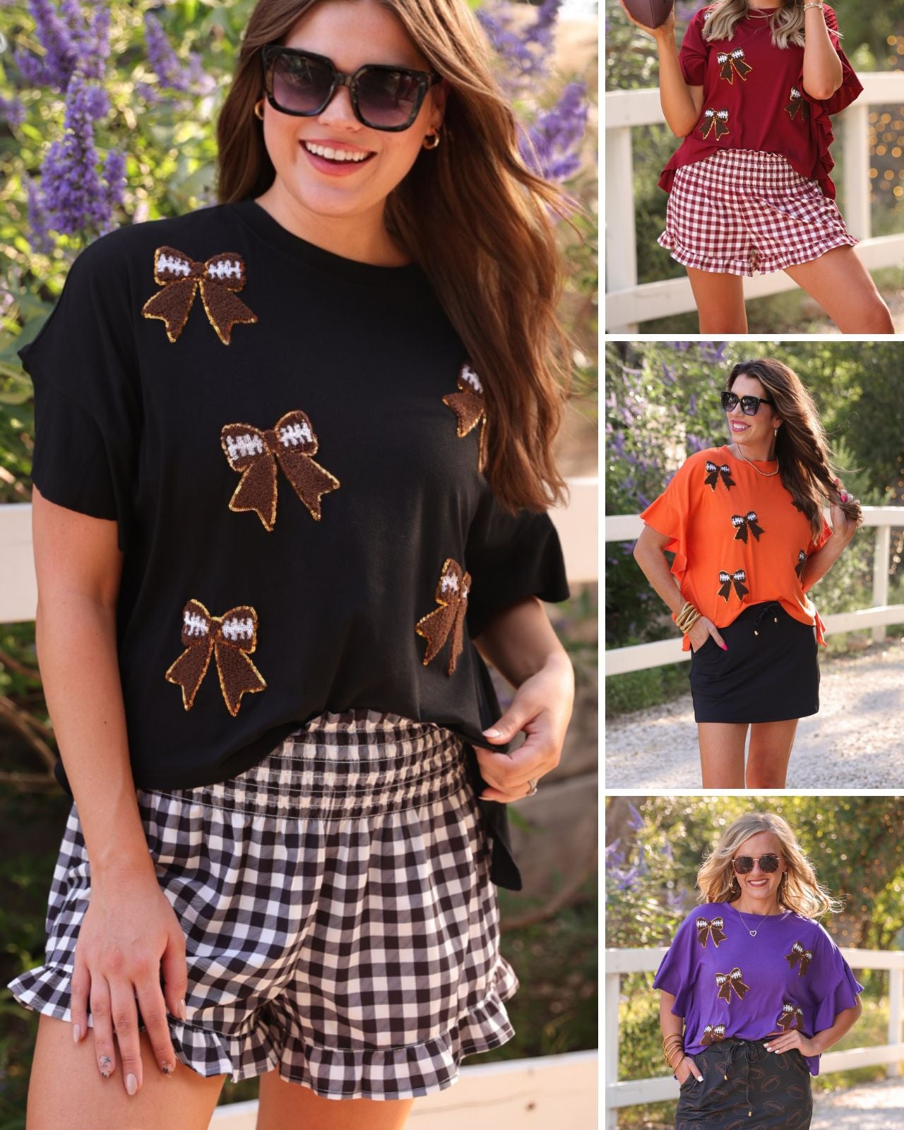 fluttery ruffle short-sleeve top with a mom crop length, sewn-on chenille football bow patches outlined in sequins on a soft, stretch-knit fabric in black, maroon, orange, and purple