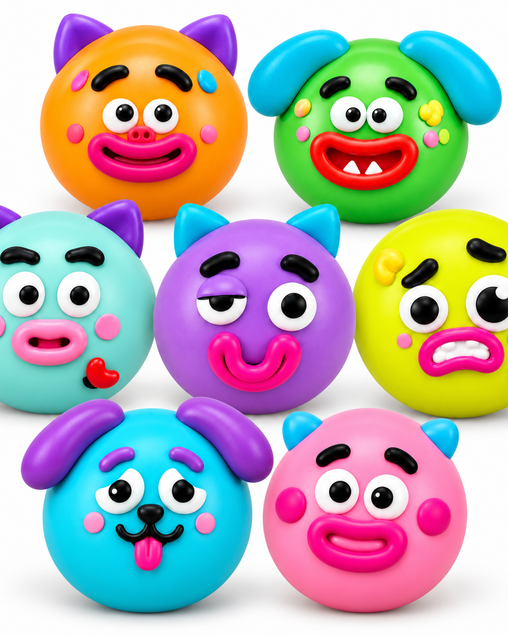 round changeable face squishy balls with a soft matte-like surface, squeezable construction, assorted removable facial pieces, customizable expressions, vibrant color options, and individual packaging in blue, green, mint, orange, pink, purple, and yellow