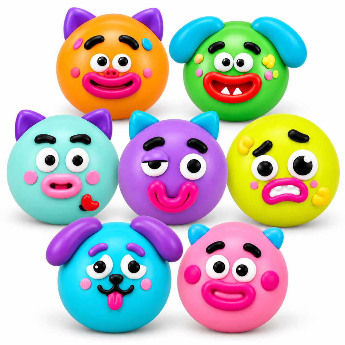 round changeable face squishy balls with a soft matte-like surface, squeezable construction, assorted removable facial pieces, customizable expressions, vibrant color options, and individual packaging in blue, green, mint, orange, pink, purple, and yellow
